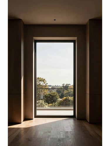 Editorial architectural photography of a minimalist luxury residential interior, straight-on perspective, warm natural window light, 35mm