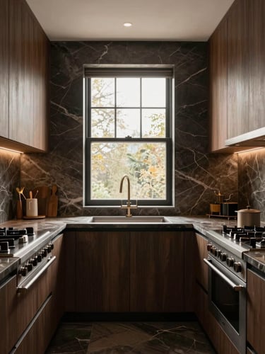 Straight-on architectural photography of a luxury kitchen with marble veining and warm natural window light, rich dark tones, 35mm