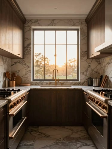 Straight-on architectural one-point perspective of a luxury kitchen with bookmatched marble and warm bronze hardware, soft golden-hour window light, 35mm