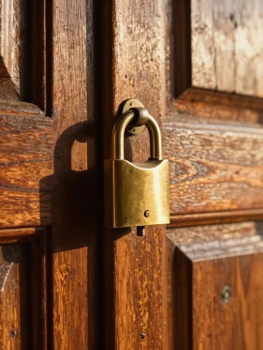 Intimate close-up of a hand-keyed brass lock on an ancient oak door of a Tuscan villa, warm morning sun casting long shadows, 35mm lens