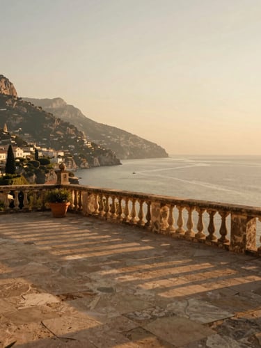 A quiet, sun-drenched stone terrace of an exclusive private estate overlooking the Amalfi Coast at golden hour, uncrowded, warm editorial travel photography, 35mm lens.