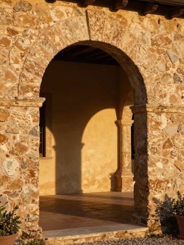 Intimate close-up of a stone archway in a Tuscan villa, warm morning sun casting long shadows, 35mm lens, rich saturated tones.