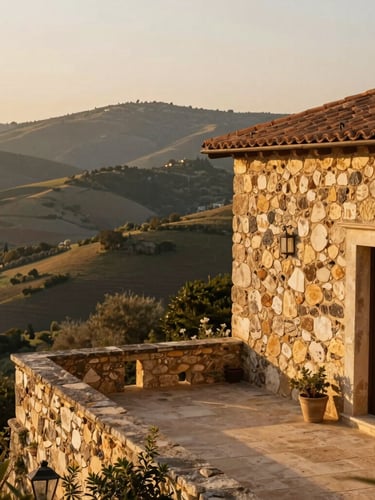 A quiet sunlit terrace of a stone villa overlooking rolling hills, soft morning light, warm editorial travel photography style.