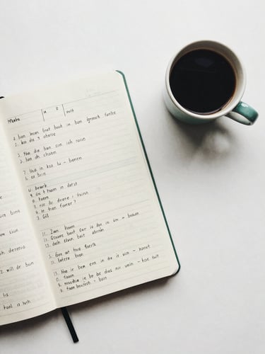 Overhead flat-lay of a clean minimalist study desk, a notebook with neat handwritten German grammar tables, a ceramic cup of coffee, soft natural overcast daylight, 35mm film aesthetic.