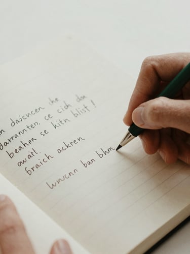 Close-up of hands writing neat German grammar notes in a structured notebook, soft overcast daylight, minimalist aesthetic