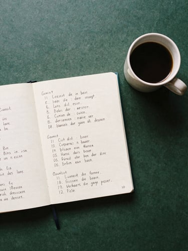 Overhead flat-lay of a clean study desk, a notebook with handwritten German grammar charts, a ceramic coffee cup, soft natural daylight, 35mm film aesthetic