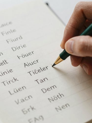 Macro close-up of hands writing German vocabulary in a structured notebook, clean layout, soft overcast daylight, muted earth tones