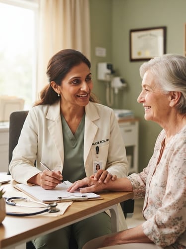 Dr. Mukta Seth in professional attire, consulting with a patient in a bright, clean clinic, soft natural window light, medium close-up, warm sage and cream tones, shallow depth of field.