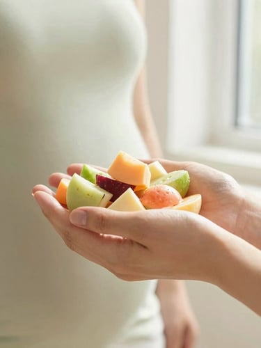 Close-up of hands holding a colorful piece of fruit, representing prenatal nutrition, soft natural window light, warm sage and cream tones, shallow depth of field.