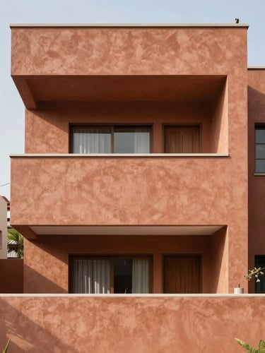 Straight-on architectural photography of a modern residential facade in Morelos, bright natural daylight, clean geometric lines, warm terracotta plaster detail, soft shadows, 35mm