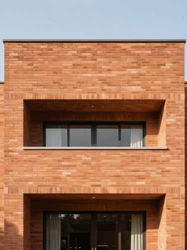 Straight-on architectural photography of a modern residential facade in Cuernavaca, warm terracotta brick textures, bright natural daylight, clean geometric composition, soft shadows
