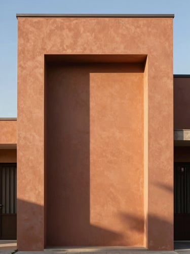 Straight-on architectural detail of a modern house facade in Cuernavaca, clean geometric lines, warm terracotta plaster, bright morning sun casting sharp shadows