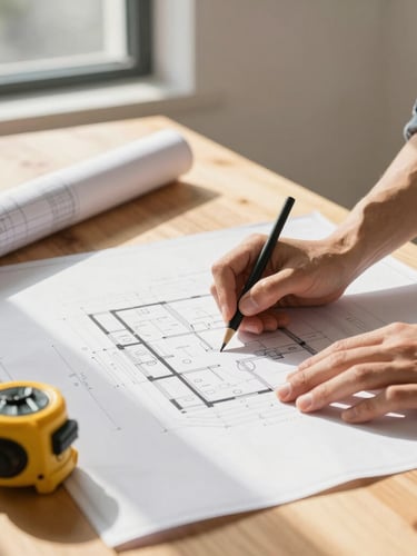 Hands of a young architect reviewing architectural blueprints on a wooden table, warm sunlight streaming through a window, professional tools and laser measure visible