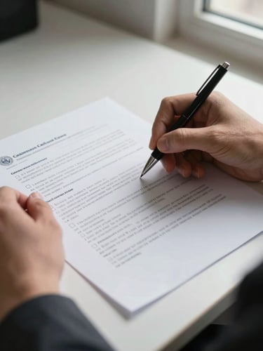 Close-up of hands reviewing a printed grant application on a clean desk — one hand holds a pen marking a checkbox, the other steadies the document, natural window light from the right, crisp shadows on white paper, no people's faces visible, government form letterhead partially visible at the top edge