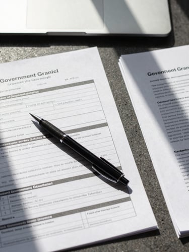 Close-up overhead flat-lay of a desk surface under natural window light — a completed government grant application form with handwritten entries, a pen resting across the pages, a stapled document set to the right, and a laptop partially visible at the top edge. Clean, daylight-lit, no people.