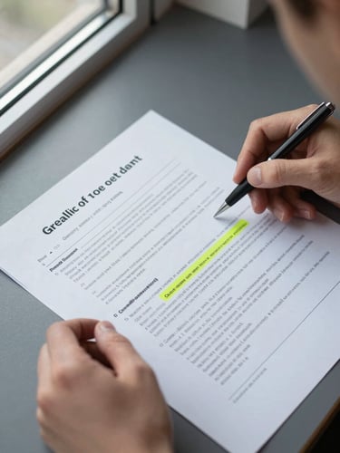 Close-up overhead flat-lay of hands reviewing a multi-page printed grant application on a desk, pen resting beside a highlighted passage, cool office window light from the left, no faces visible