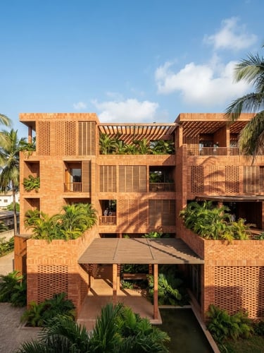 Warm architectural photography of a modern bioclimatic building in Cotonou, terracotta brick facade, deep green palm tree shadows, bright tropical daylight, wide-angle lens.