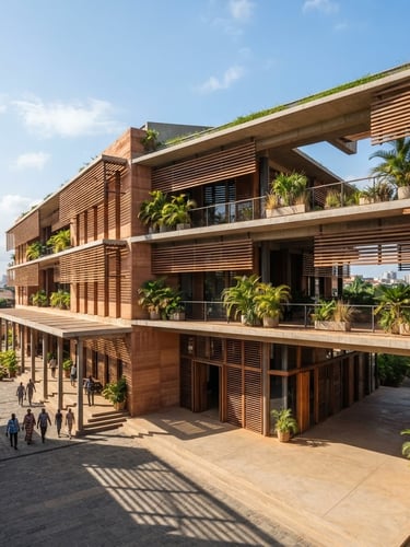 Warm architectural photography of a modernist bioclimatic building in Cotonou, featuring tropical timber louvers and terracotta-toned rammed earth walls, captured in bright tropical daylight with strong geometric shadows, wide-angle shot.