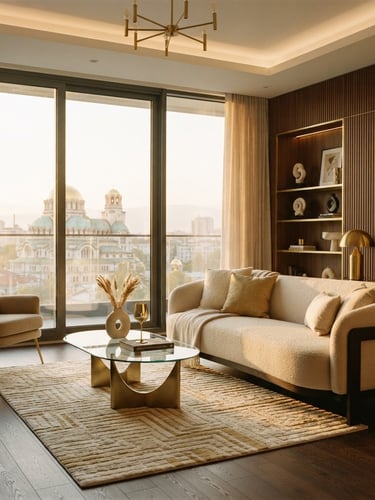 Sleek modern living room of a luxury apartment in Sofia, warm golden-hour light streaming through large windows, gold accents, elegant beige sofa, 35mm photography