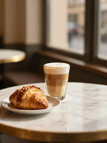 A beautifully styled flat white coffee next to a fresh pastry on a marble table in a sun-drenched Sofia cafe, warm editorial style, golden hour light, 35mm