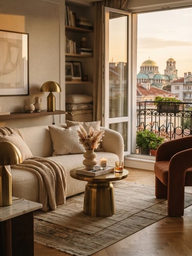 Warm editorial interior photography of a premium Sofia apartment living room, soft golden-hour window light, rich warm beige and gold tones, 35mm