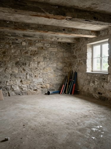 Wide documentary shot of a cleared basement room in Brittany, bare stone walls, empty concrete floor, overcast daylight from a small ground-level window on the right, tools stacked neatly against the far wall