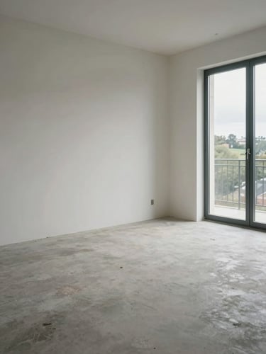 Wide documentary shot of a cleared Brittany apartment room, bare concrete floor swept clean, empty walls, overcast natural daylight through a large window on the right — scale of the space visible, no people, no objects remaining