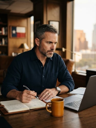 Environmental portrait of Matthew Law in a warm-lit Texas office, shallow depth of field, natural window light, deep navy tones, looking focused and determined