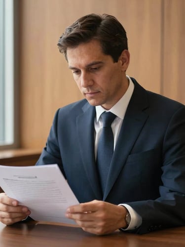 Environmental portrait of attorney Matthew Law in a professional Texas office setting, reviewing legal briefs by a window, soft directional natural light, deep navy suit with warm amber wood background, shallow depth of field, 35mm