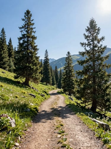 Bright sun-drenched Idaho mountain trail with pine trees, crisp morning sun, clean editorial style