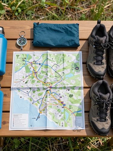 An overhead flat-lay of clean outdoor gear laid out neatly on a wooden table, including a trail map, compass, water bottle, and hiking boots, bright natural morning light.