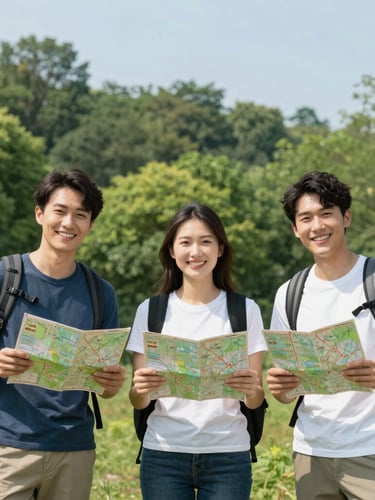 Bright outdoor portrait of friendly outdoor guides standing in front of a green forest, smiling warmly, holding trail maps, crisp natural daylight, editorial style.