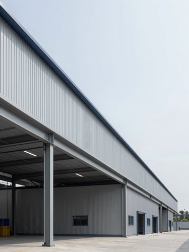 Architectural lines of a modern industrial logistics facility with clean steel beams under bright neutral daylight, cool gray tones, 35mm