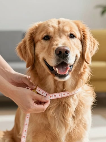 Warm editorial pet photography, a happy golden retriever being gently measured with a soft measuring tape by a designer, bright natural daylight, vibrant rich tones.