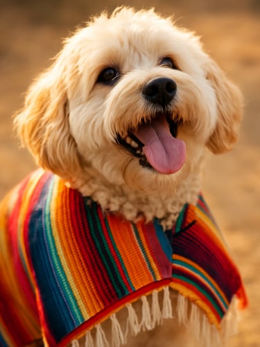 A happy fluffy dog wearing a colorful handcrafted Mexican poncho, looking up with tongue out, warm natural sunlight, shallow depth of field, 35mm lens
