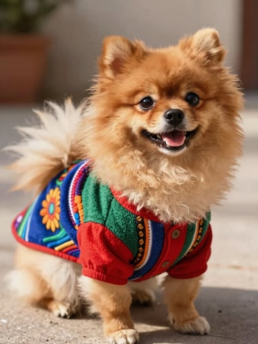 A happy fluffy Pomeranian dog wearing a colorful handcrafted Mexican artisanal shirt, looking at the camera, warm natural daylight, soft background
