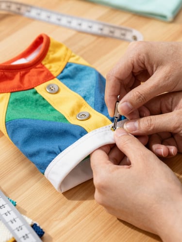 Close-up of hands sewing a colorful pet shirt on a wooden table, measuring tape and fabric textures visible, warm natural daylight