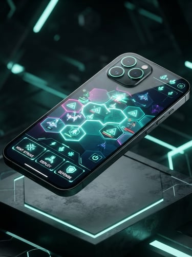 Sleek 3D device render of an isometric smartphone showing a clean game interface, dark moody background with sharp neon mint accents, crisp studio lighting