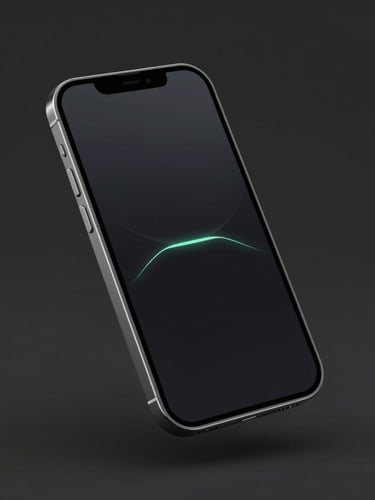 Sleek 3D render of a smartphone mockup floating at an isometric angle, displaying a clean dark-mode user interface with sharp neon mint lines and no visual clutter, dark moody studio background
