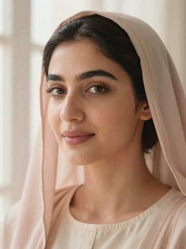 Close-up portrait of a serene Saudi woman with healthy, glowing skin, soft morning window light, warm pastel cream tones, editorial style, 35mm