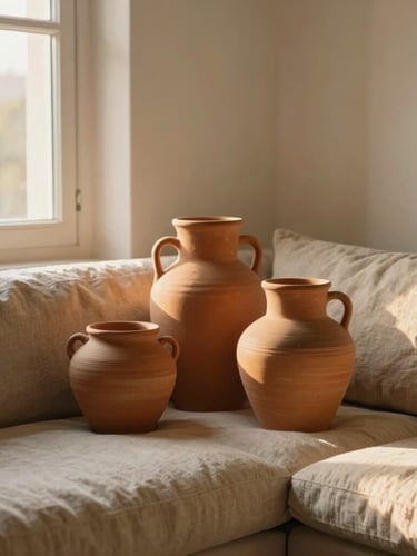 Warm golden-hour lifestyle crop of a cozy living room corner with terracotta ceramics, soft linen textiles, and sunlight streaming through a window, 35mm photography
