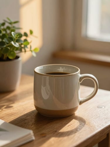 Cozy ceramic coffee mug on a wooden table beside a small green plant in golden sunlight, warm editorial photography, 35mm