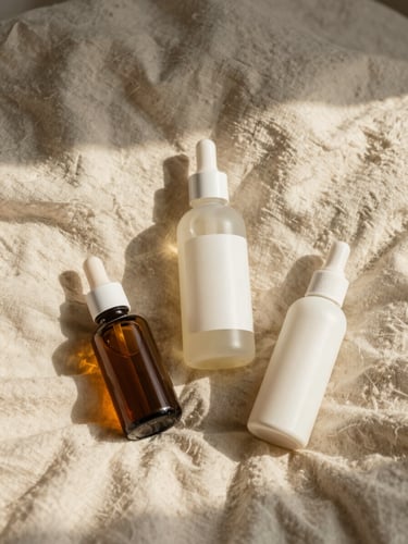 Flatlay of skincare bottles on textured cream linen under soft organic shadows, warm editorial photography, 35mm