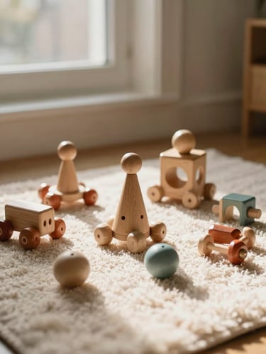 Aesthetic wooden children toys arranged on a soft wool rug in gentle daylight, warm editorial photography, 35mm
