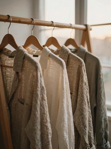Linen apparel hanging on a wooden rack under soft golden-hour window light, warm editorial photography, 35mm
