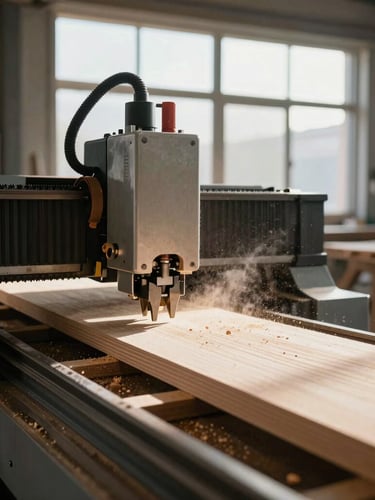 Góc chụp thẳng đứng cận cảnh máy cắt CNC công nghiệp đang gia công phôi gỗ sồi tại xưởng, ánh sáng tự nhiên rọi qua ô cửa kính lớn tạo độ tương phản cao, bụi gỗ mờ nhẹ nghệ thuật.
