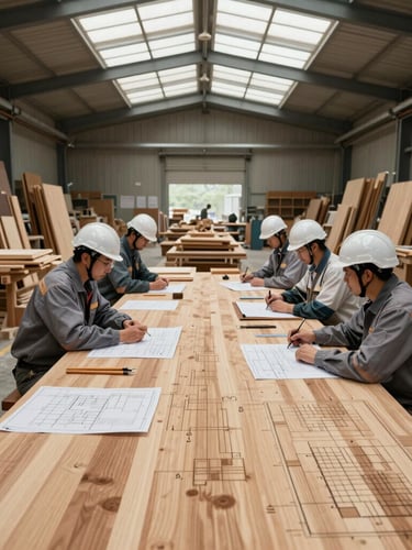 Góc chụp thẳng từ trên xuống xưởng gỗ hiện đại, các kỹ sư mặc đồng phục bảo hộ đang thảo luận bên bản vẽ kỹ thuật trải rộng trên bàn gỗ lớn, ánh sáng tự nhiên rọi từ ô kính trần.