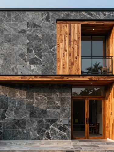 Góc chụp thẳng đứng mặt tiền biệt thự hiện đại tại Buôn Ma Thuột, vách đá basalt xám xen kẽ lam gỗ sồi ấm, ánh sáng tự nhiên chiều tà.