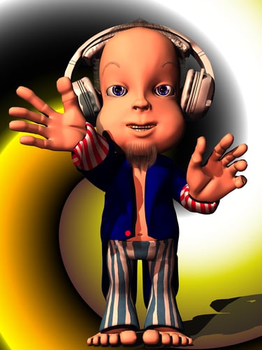 3D cartoon character with headphones and a goatee wearing a blue jacket and striped pants.