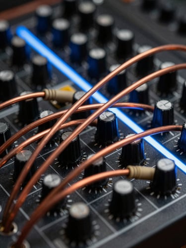 Extreme close-up of a vintage modular synthesizer patchboard, copper patch cables crossing in tight geometry, backlit by a single cool-blue LED strip, deep black chassis, no hands visible, abstract and precise